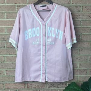 Shein Brooklyn Button Down Baseball Tee Pink